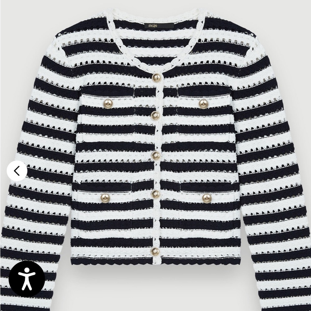 Maje marinette Pointelle Black White Striped Cardigan Crochet Effect Size small